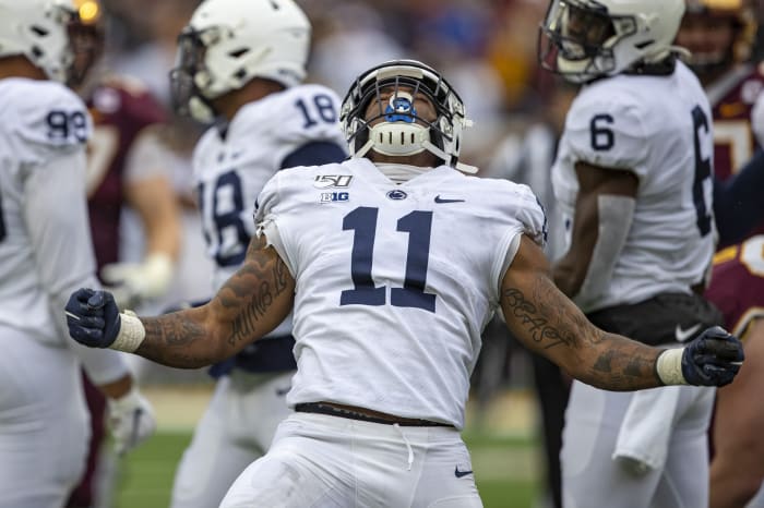 Penn State Nittany Lions linebacker Micah Parsons (11) celebrates after sacking the Minnesota Golden Gophers quarterback Tanner Morgan (not pictured) in the second half at TCF Bank Stadium.